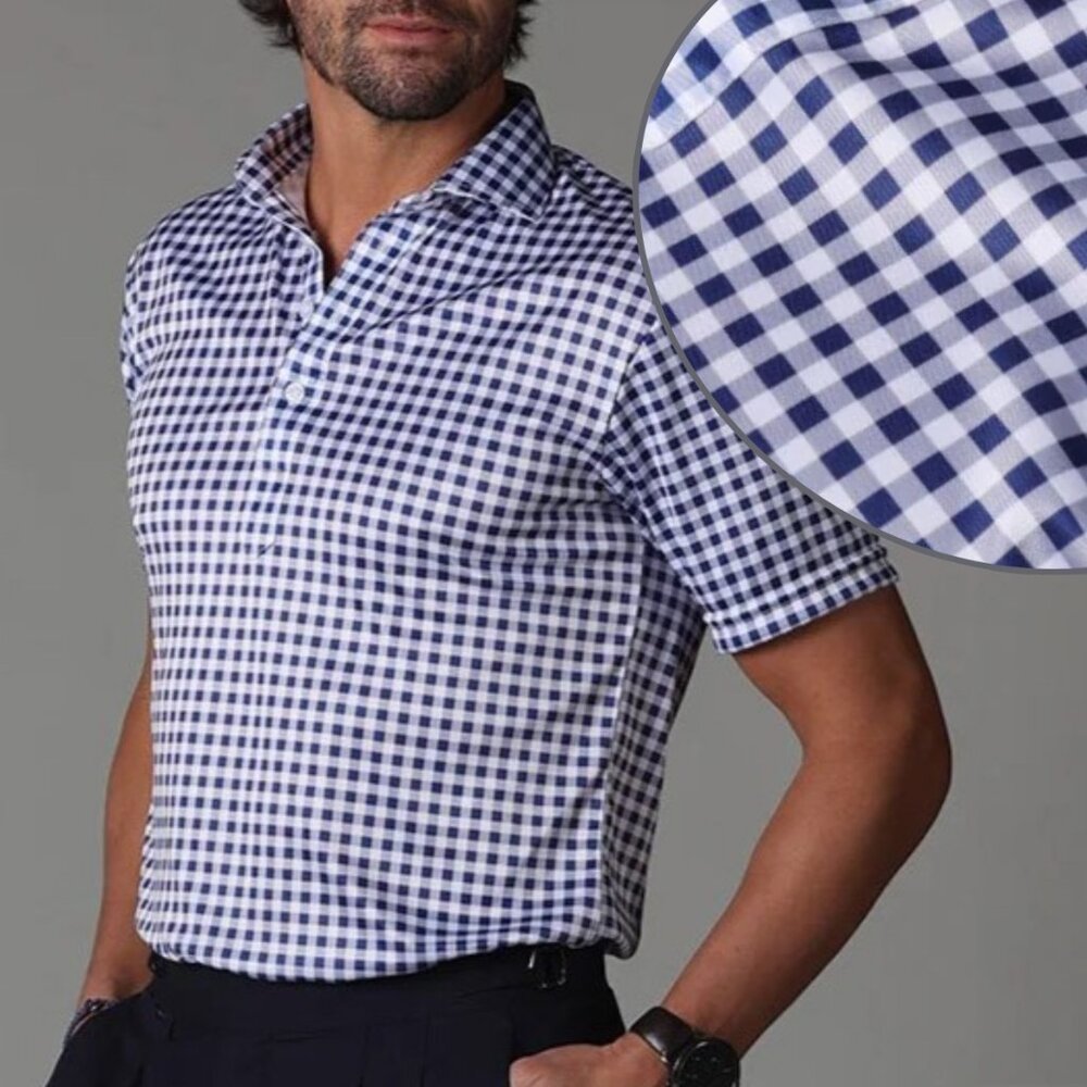 Collars & Co Semi-Spread Collar Short-Sleeve Golf Polo, Navy Gingham